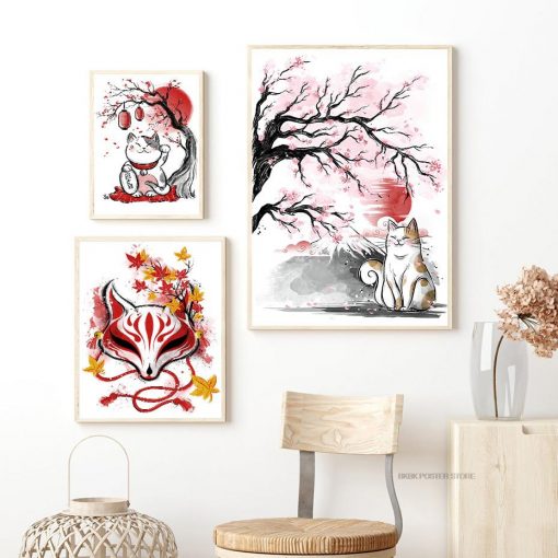 Anime Art Wall Geisha Cat Koi Landscape Series Poster Kraft Paper Prints Home Decoration Cartoon Paper 1