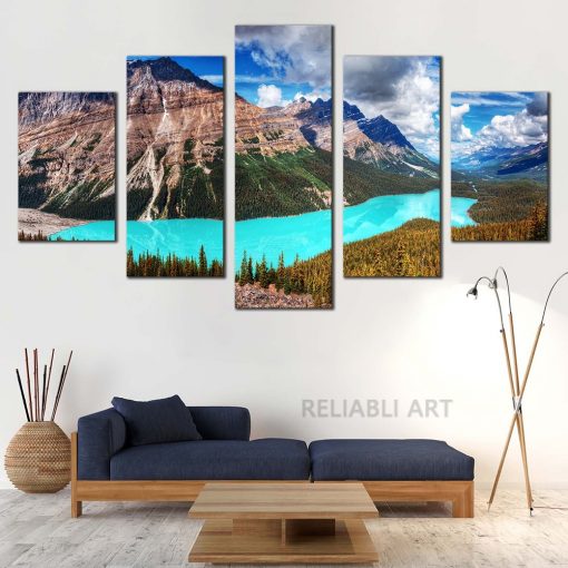 Banff National Park Canvas Wall Art Alberta Green Mountains Trees 5 Piece Posters Blue Peyto Lake