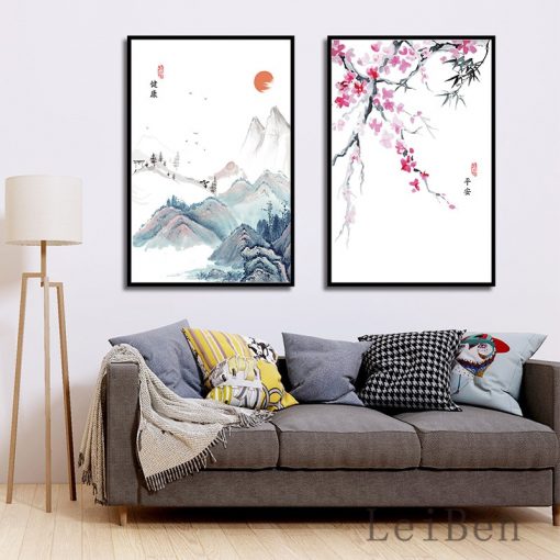 Chinese Cultural Style Plum Blossoms Mountain Landscape Poster Ink Painting Wall Art Canvas Picture for Living 1