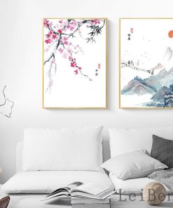 Chinese Cultural Style Plum Blossoms Mountain Landscape Poster Ink Painting Wall Art Canvas Picture for Living 2