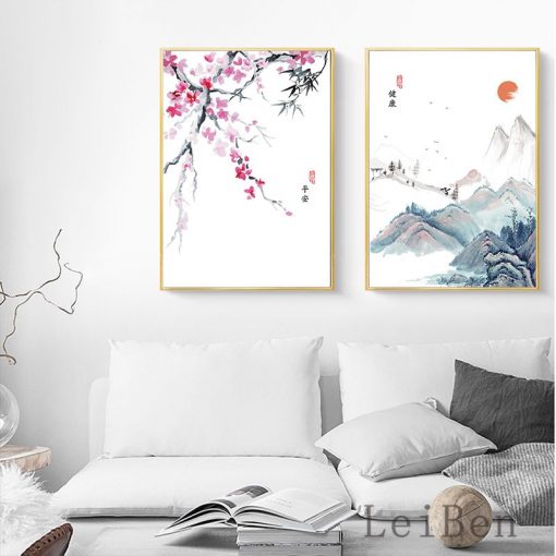 Chinese Cultural Style Plum Blossoms Mountain Landscape Poster Ink Painting Wall Art Canvas Picture for Living 2