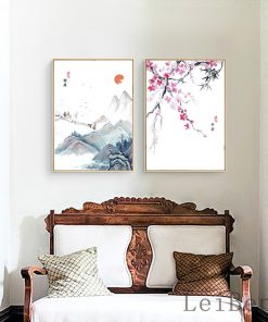 Chinese Cultural Style Plum Blossoms Mountain Landscape Poster Ink Painting Wall Art Canvas Picture for Living 3