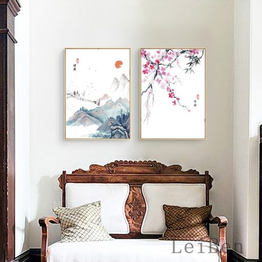 Chinese Cultural Style Plum Blossoms Mountain Landscape Poster Ink Painting Wall Art Canvas Picture for Living 3