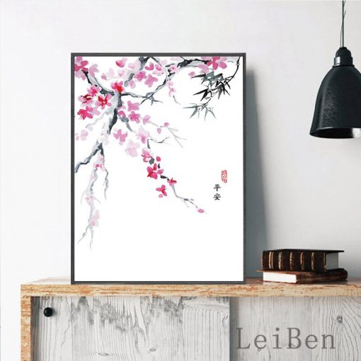 Chinese Cultural Style Plum Blossoms Mountain Landscape Poster Ink Painting Wall Art Canvas Picture for Living 4