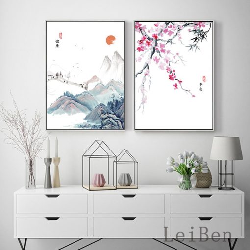 Chinese Cultural Style Plum Blossoms Mountain Landscape Poster Ink Painting Wall Art Canvas Picture for Living