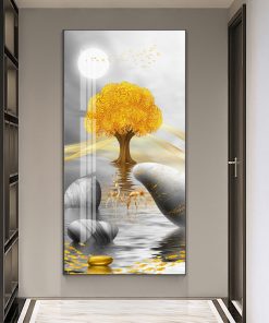 Chinese Golden Feathers Canvas Painting Wall Art Gold Deer Rich Tree Lucky Zen Stone Posters Wall 2