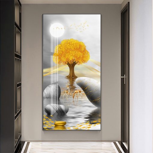 Chinese Golden Feathers Canvas Painting Wall Art Gold Deer Rich Tree Lucky Zen Stone Posters Wall 2