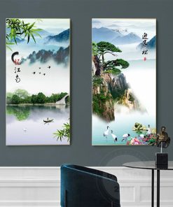 Chinese Style Canvas Painting Landscape Painting Chinese Characters Mountain Peak Pine Tree White Crane Posters for 1