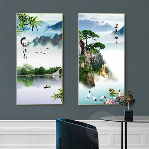 Chinese Style Canvas Painting Landscape Painting Chinese Characters Mountain Peak Pine Tree White Crane Posters for 1