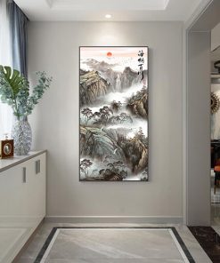 Chinese Style Canvas Painting Landscape Painting Chinese Characters Mountain Peak Pine Tree White Crane Posters for 2