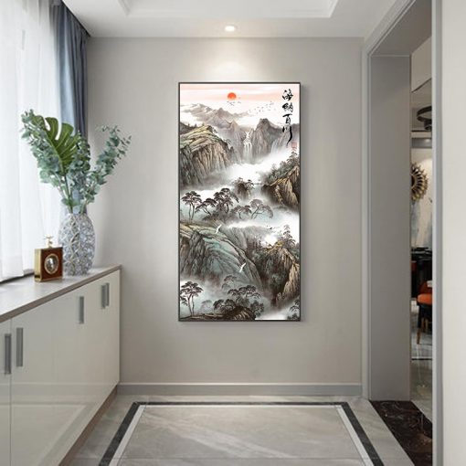 Chinese Style Canvas Painting Landscape Painting Chinese Characters Mountain Peak Pine Tree White Crane Posters for 2