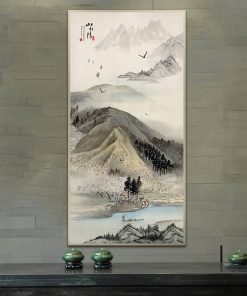 Chinese Style Canvas Painting Landscape Painting Chinese Characters Mountain Peak Pine Tree White Crane Posters for 3