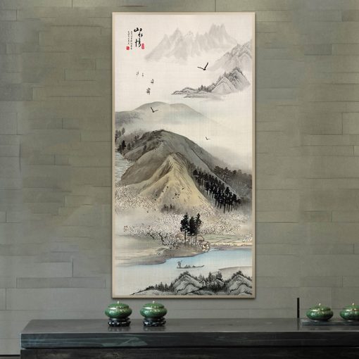 Chinese Style Canvas Painting Landscape Painting Chinese Characters Mountain Peak Pine Tree White Crane Posters for 3