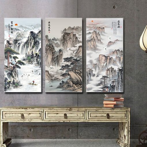 Chinese Style Canvas Painting Landscape Painting Chinese Characters Mountain Peak Pine Tree White Crane Posters for