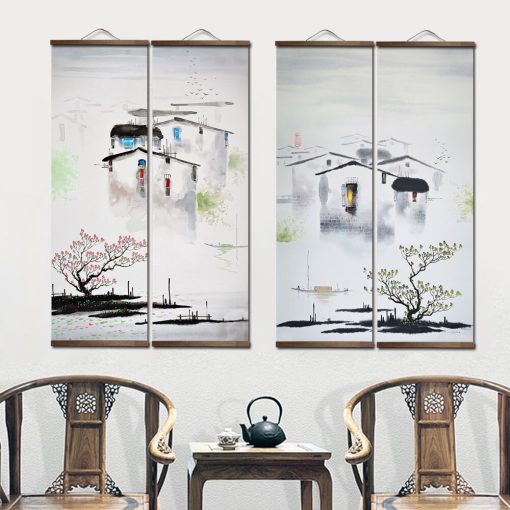 Chinese Style Landscape Green Plants Canvas Posters Prints Bedroom Living Room Wall Art Solid Wood Scroll 1