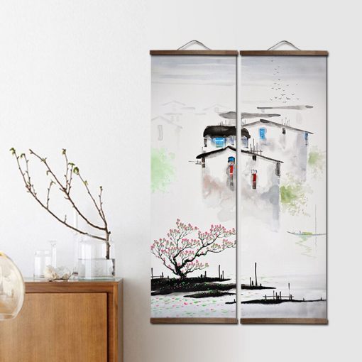 Chinese Style Landscape Green Plants Canvas Posters Prints Bedroom Living Room Wall Art Solid Wood Scroll 2