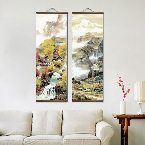 Chinese Traditional Style Four Seasons Landscape Canvas for Livingroom Wall Art Poster Solid Wood Scroll Paintings 1