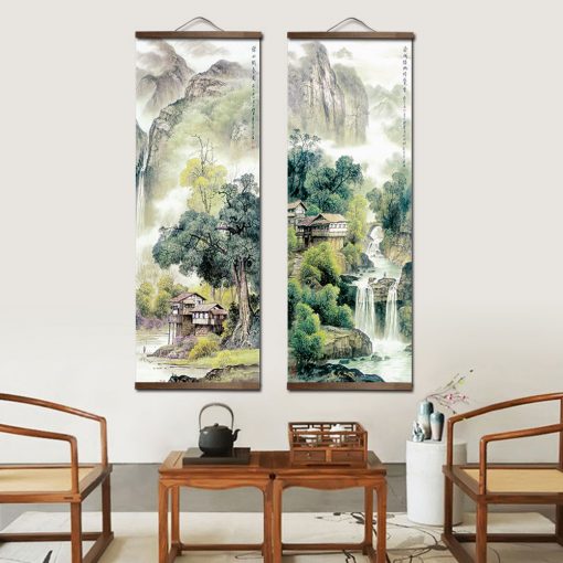 Chinese Traditional Style Four Seasons Landscape Canvas for Livingroom Wall Art Poster Solid Wood Scroll Paintings 2