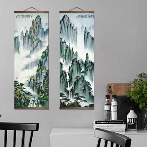 Chinese Traditional Style Ink Scenery Mountain Canvas for Living Bedroom Wall Art Poster Solid Wood Scroll 1