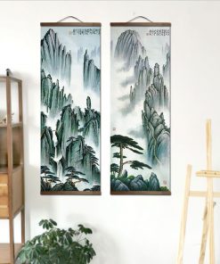 Chinese Traditional Style Ink Scenery Mountain Canvas for Living Bedroom Wall Art Poster Solid Wood Scroll 2