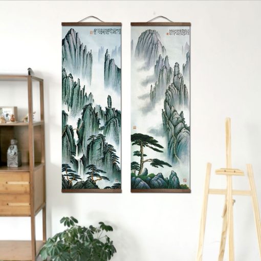 Chinese Traditional Style Ink Scenery Mountain Canvas for Living Bedroom Wall Art Poster Solid Wood Scroll 2