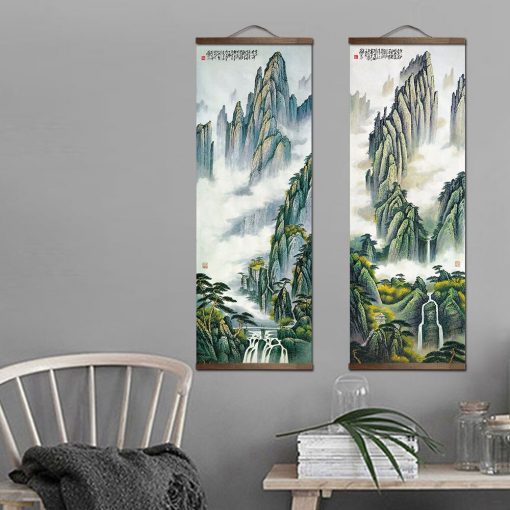 Chinese Traditional Style Ink Scenery Mountain Canvas for Living Bedroom Wall Art Poster Solid Wood Scroll