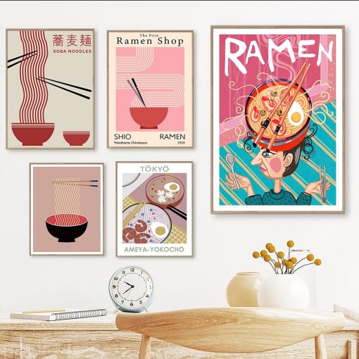 Japanese Food Wall Art Prints Funny Line Ramen Noodles Poster Kitchen Art Canvas Painting Pictures For