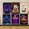 Japanese Foods Ramen Cats Posters Sushi Neon Cartoon Canvas Painting Wall Art Print Pictures Modern Kitchen