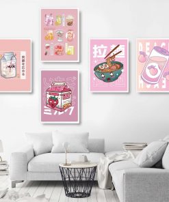 Japanese Kawaii Cuisine Poster Pink Canvas Painting Ramen Milk Drink Wall Picture Soda Water Vapor Wave 1