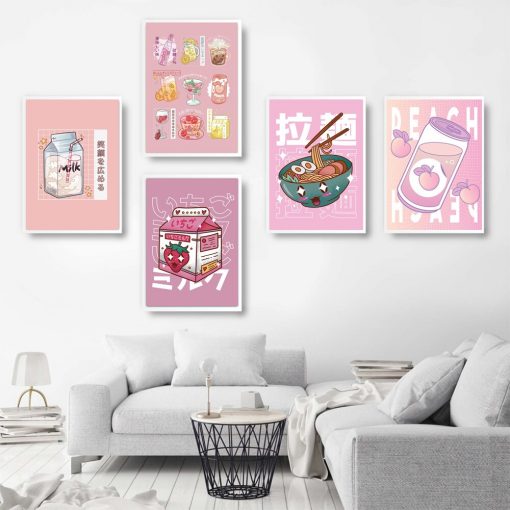 Japanese Kawaii Cuisine Poster Pink Canvas Painting Ramen Milk Drink Wall Picture Soda Water Vapor Wave 1