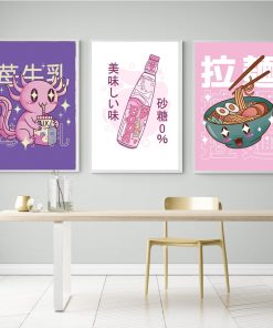 Japanese Kawaii Cuisine Poster Pink Canvas Painting Ramen Milk Drink Wall Picture Soda Water Vapor Wave 3