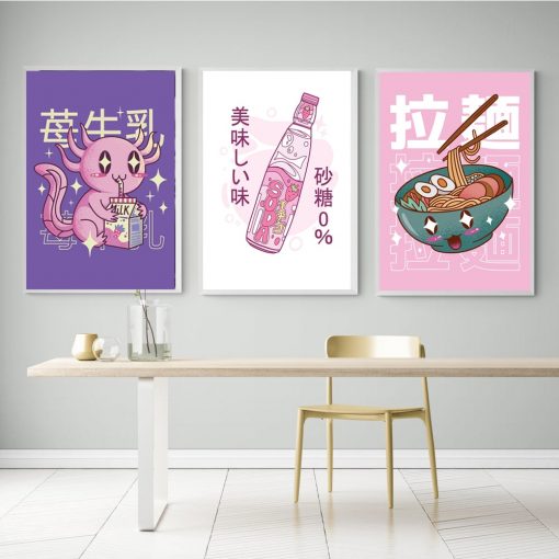 Japanese Kawaii Cuisine Poster Pink Canvas Painting Ramen Milk Drink Wall Picture Soda Water Vapor Wave 3