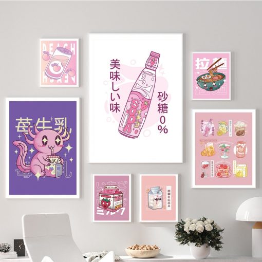 Japanese Kawaii Cuisine Poster Pink Canvas Painting Ramen Milk Drink Wall Picture Soda Water Vapor Wave