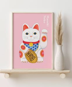 Japanese Style Poster Pink Lucky Cat Canvas Painting Cute Animal Art Print Modern Picture For Living 2