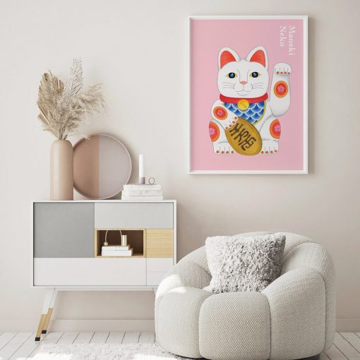 Japanese Style Poster Pink Lucky Cat Canvas Painting Cute Animal Art Print Modern Picture For Living 3