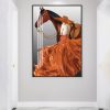 Modern Orange Dress with Horse Canvas Painting Wall Art Fashion Girls Hat Posters Prints for Living