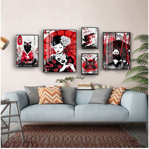 Nordic Canvas Poster Bedside Background Home Decor Prints Painting Pictures Wall Art Ruby Geisha Japanese Samurai