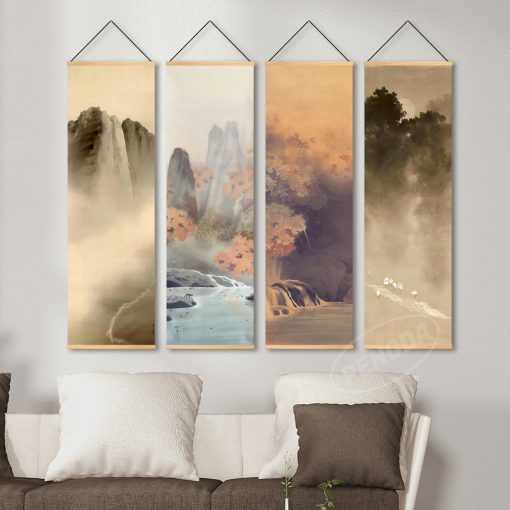 Nordic Canvas Printed Poster Wall Hanging with Scroll Painting Chinese Landscape Painting with Ink and Water