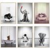 Nordic Funny Animals Elephant Giraffe Penguin Playing on Toilet Wall Art Canvas Painting Posters and Prints