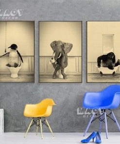 Nordic Funny Animals Elephant Kraft Paper Giraffe Penguin Playing on Toilet Wall Art Posters and Prints 1