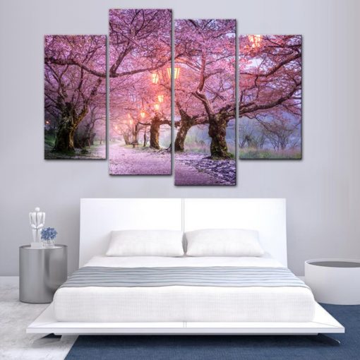 Pictures Wall Art Home Decoration Framework 4 Pieces Pink Cherry Blossoms Tree For Living Room Modern 1