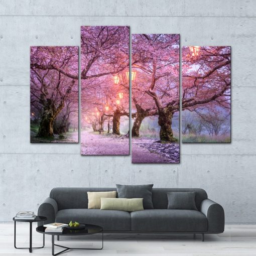 Pictures Wall Art Home Decoration Framework 4 Pieces Pink Cherry Blossoms Tree For Living Room Modern