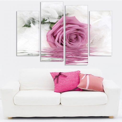 Printed Wall Canvas Art Frame Kitchen Restaurant Decor 4 Pieces Feather Pink Rose Flower Water Living 1