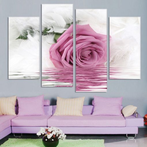 Printed Wall Canvas Art Frame Kitchen Restaurant Decor 4 Pieces Feather Pink Rose Flower Water Living