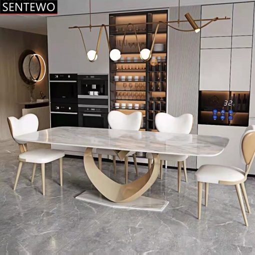 SENTEWO Luxury Rock Slab Dining Table Set 8 Chairs Metal Titanium Gold Base Faux Marble Tables