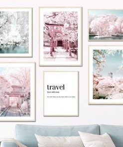 Sakura Lake bridge Pink Scenery Wall Art Canvas Painting Nordic Posters And Prints Wall Pictures For 1