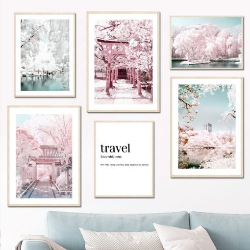 Sakura Lake bridge Pink Scenery Wall Art Canvas Painting Nordic Posters And Prints Wall Pictures For 1