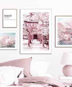 Sakura Lake bridge Pink Scenery Wall Art Canvas Painting Nordic Posters And Prints Wall Pictures For 2