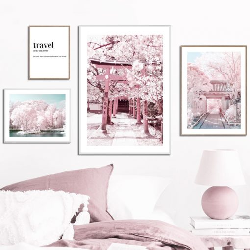 Sakura Lake bridge Pink Scenery Wall Art Canvas Painting Nordic Posters And Prints Wall Pictures For 2