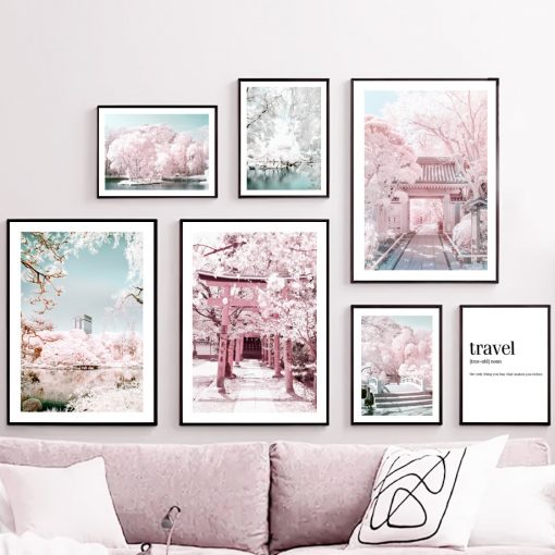 Sakura Lake bridge Pink Scenery Wall Art Canvas Painting Nordic Posters And Prints Wall Pictures For